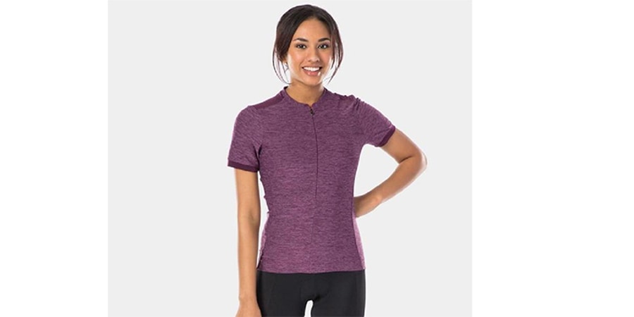 woman wearing purple bike jersey