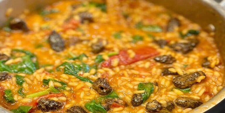 Photo of risotto with morel mushrooms in a pot.