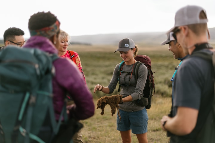 A guide talks to a group of hikers about a clump of fur she has picked up in a field