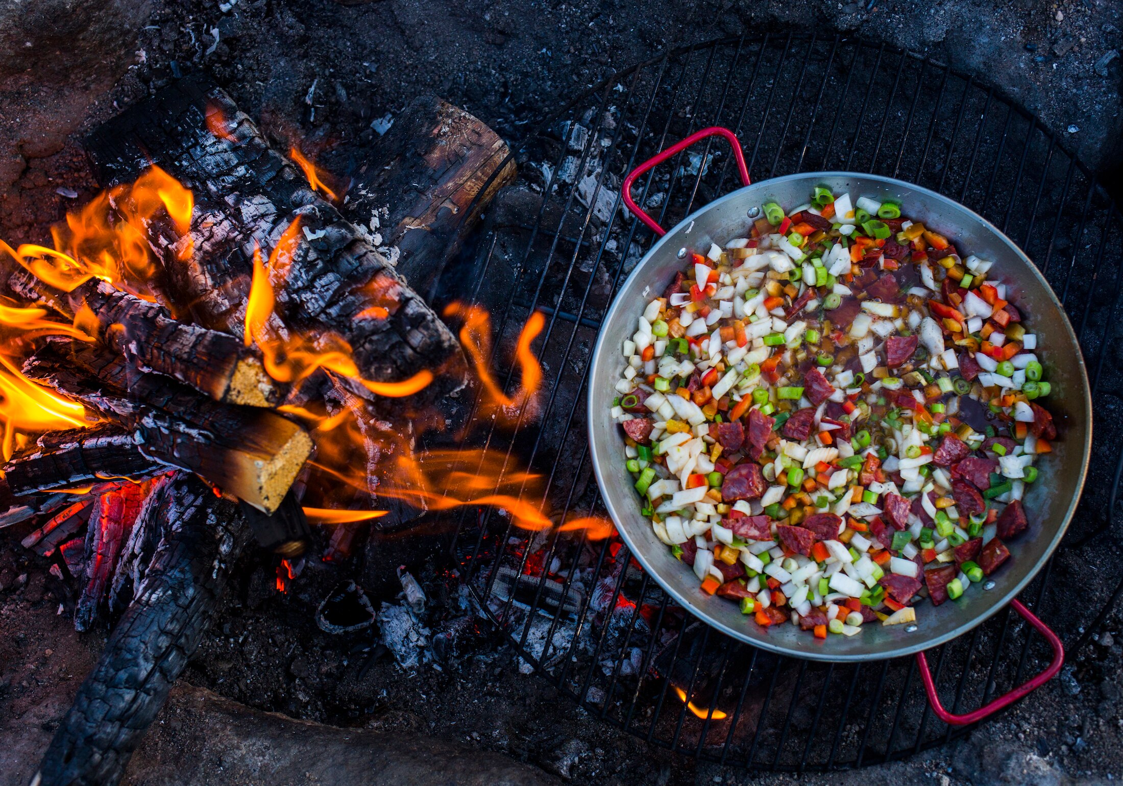 cooking veggies and chorizo