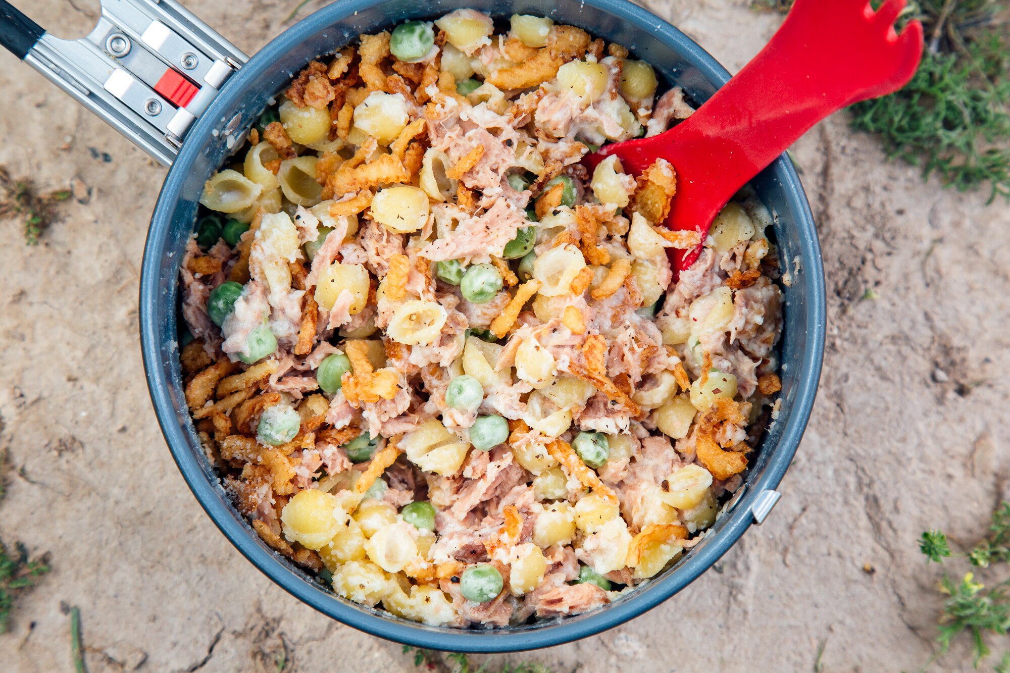 Tuna noodle casserole in pan