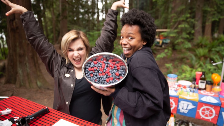 Campworthy hosts with bowl of berries for cobbler