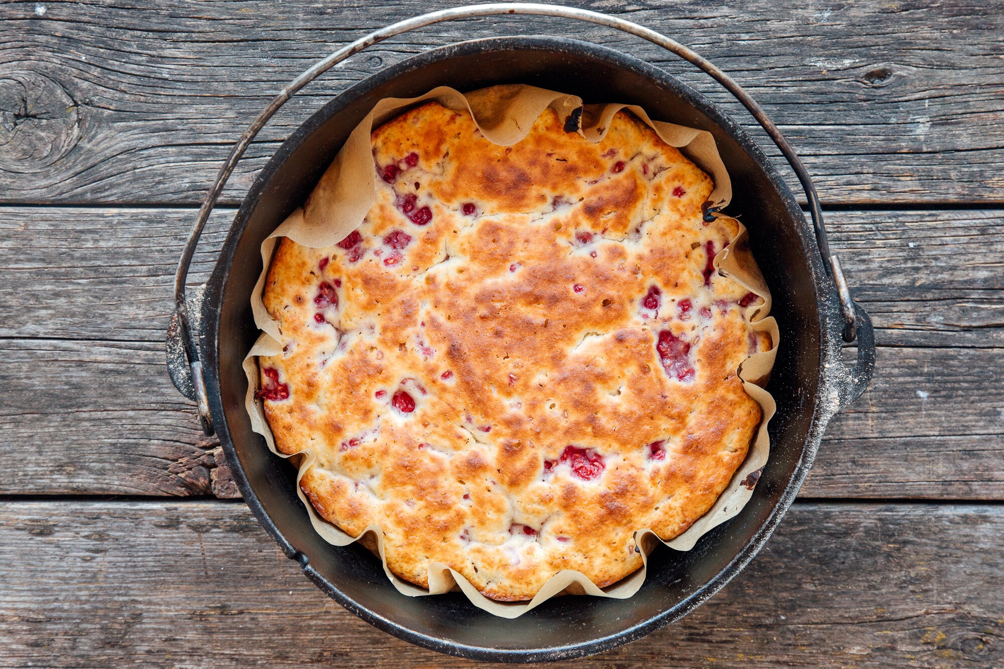 Raspberry cake after cooking in dutch oven