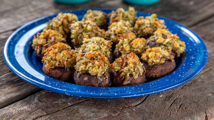 Thanksgiving stuffed mushrooms, plated and ready to serve