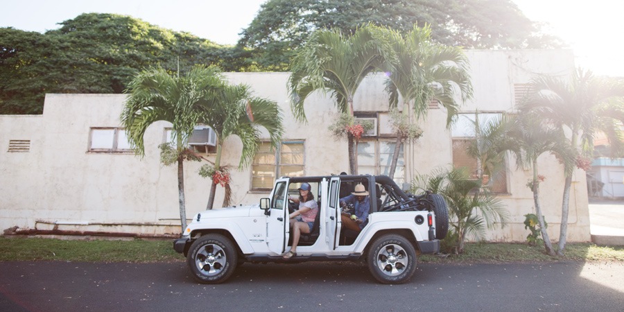 Two travelers getting out of a jeep next to some palm trees