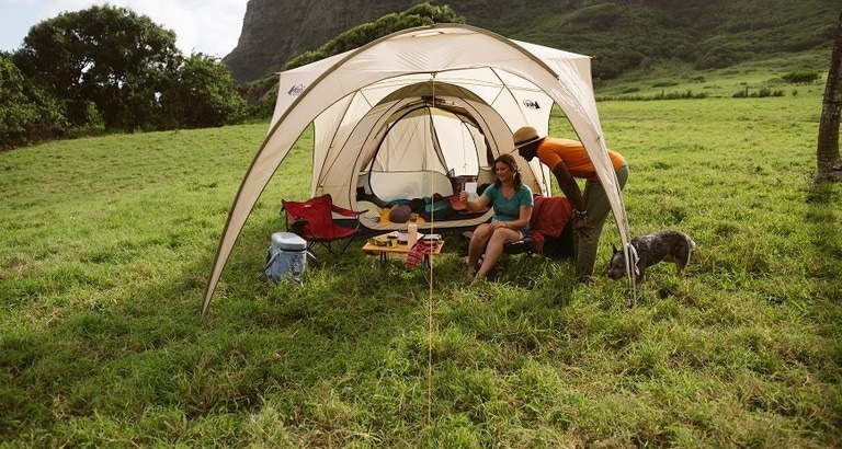 Couple and dog camping in wide open space