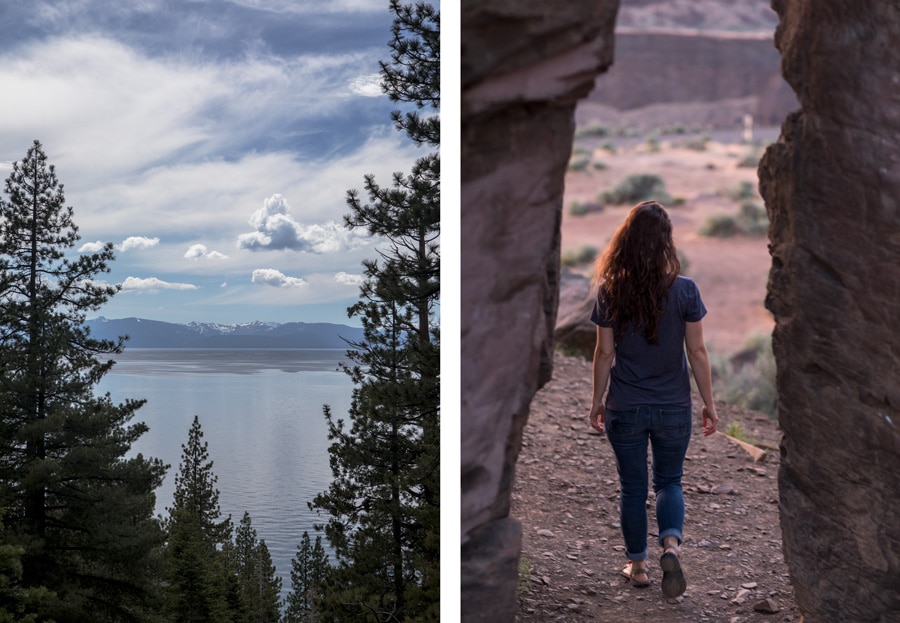 Trees and rocks create natural frames around a mountain landscape and an image of a woman walking