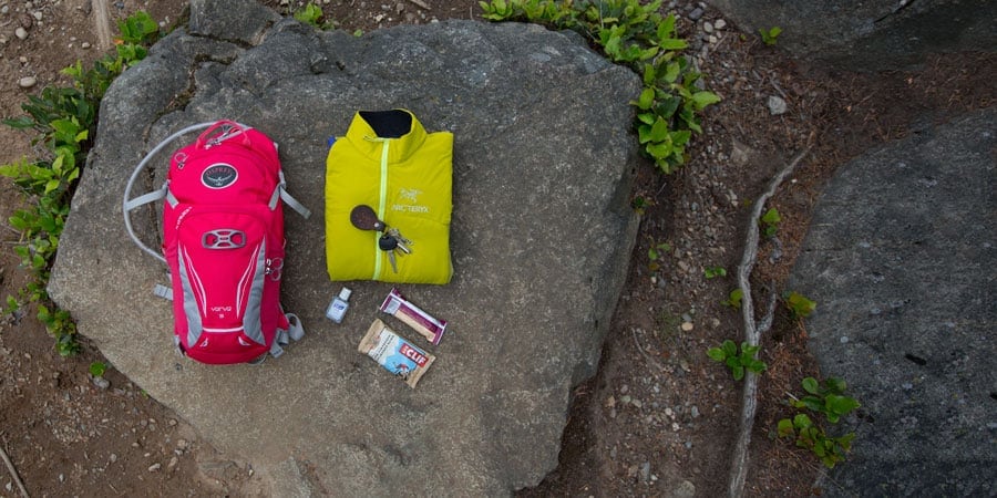 a spread of gear that would fit in a daypack with capacity of 10 liters or less