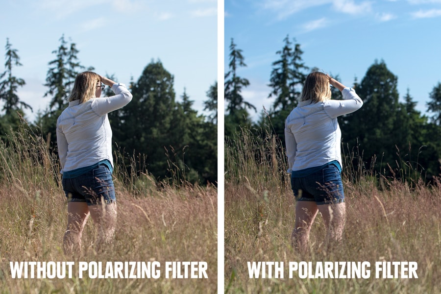 Two side by side images of a woman in a field, one using a polarizing filter, and one without