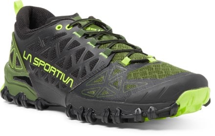 La Sportiva Bushido II Trail-Running Shoes - Men's 3/4 view (Olive/Neon)