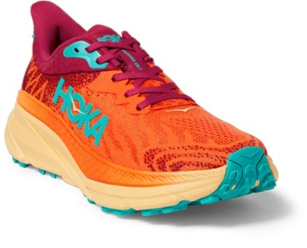 HOKA Challenger 7 Trail-Running Shoes - Women's 3/4 view (Flame/Cherries Jubilee)