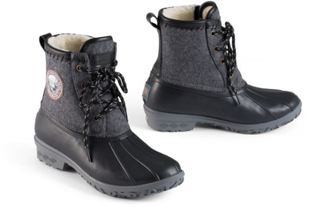 black and gray duck boots