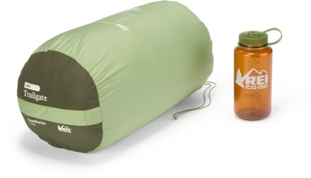 REI Co-op Trailgate Comforter Double (2-Person) comforter in stuff sack; bottle (not included) shown for size reference only