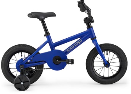 blue bike with training wheels