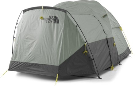 The North Face Wawona 6 Tent 3/4 front view with rainfly (Agave Green/Asphalt Grey)