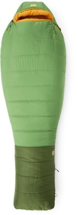 REI Co-op Trailmade 20 Sleeping Bag Full-length view, zipped (Ryegrass Green)