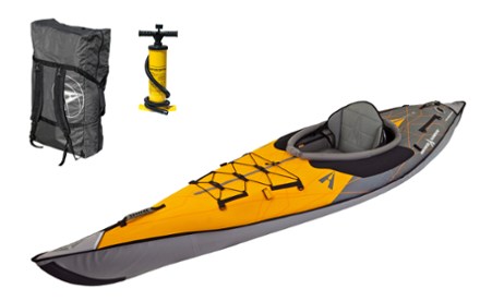 AQUAGLIDE Chinook 120 Inflatable 12' Foot Kayak Kit Packable Includes Pump  for Adults Family Friendly Pet Adaptable 1 or 2 Riders Blow Up Recreational